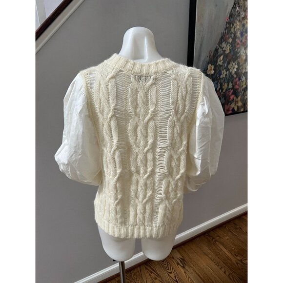 SEA NY New York Alpaca Wool Cable Knit Puff Sleeve Contrast Sweater Size Small - Picture 4 of 4